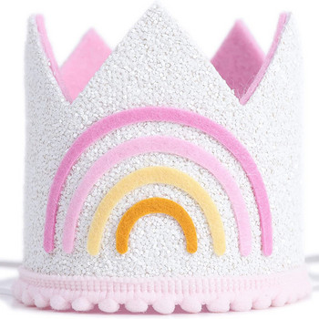 Παιδικό καπέλο γενεθλίων Rainbow με θέμα Boho Καφέ πάρτι Crown Baby Shower Ροζ Λευκό Καπέλα 1st Glitter Photoprops