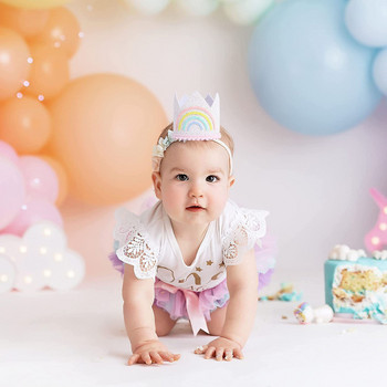 Детска шапка с дъга за рожден ден Бохо тема Кафява парти корона Baby Shower Розово бяло шапка 1-ви блясък Фотореквизит