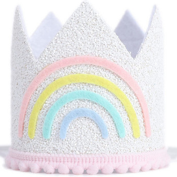 Детска шапка с дъга за рожден ден Бохо тема Кафява парти корона Baby Shower Розово бяло шапка 1-ви блясък Фотореквизит