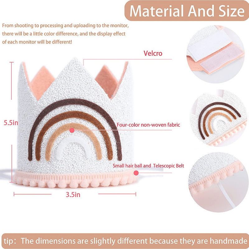 Παιδικό καπέλο γενεθλίων Rainbow με θέμα Boho Καφέ πάρτι Crown Baby Shower Ροζ Λευκό Καπέλα 1st Glitter Photoprops