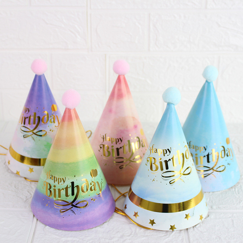 Laste vikerkaare sünnipäevamüts Värvilised mütsid Mütsid Armsad Paberpallid Kummist peopidu Mütsid Festivali Laste peokaunistused