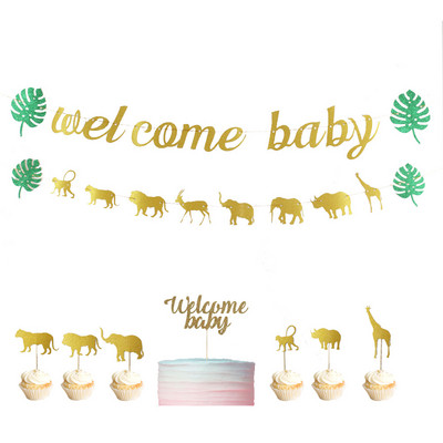 Ζούγκλα Animal Welcome Baby Banner Glitter Garland for Forest Animals Baby Shower Ουδέτερο φύλο διακόσμηση πάρτι