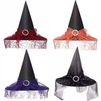 1PCS Halloween Witch Hat Mesh Women Girls Halloween Peaked Cap Veal Spiderweb Лилава сатенена шапка на вещица Аксесоар за парти костюм