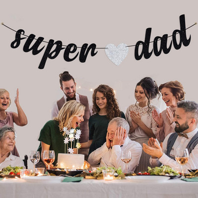 Black Glitter Super Dad Banner - Αστεία Happy Father`s Day, We Love Daddy, Son Daughter for Fathers Day Dad Birthday Party Decor