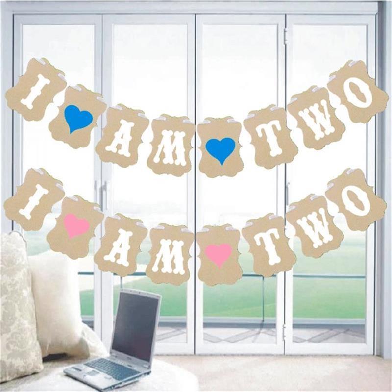 Banner pentru ziua de naștere „EU SUNT DOI” Decor pentru petrecerea de ziua de naștere a bebelușului A 2-a aniversare a mea, roz sau albastru, al doilea an, ghirlande de hârtie kraft.