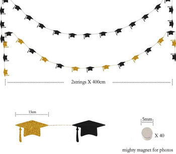 Χρυσό μαύρο χαρτί 2022 Graduation Picture Display Cap Garlands Magnet Photo Clip String για Congrats Grad Party Photo Decorations
