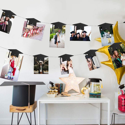 Χρυσό μαύρο χαρτί 2022 Graduation Picture Display Cap Garlands Magnet Photo Clip String για Congrats Grad Party Photo Decorations