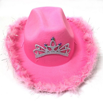 Dress Up Crown Party Wild West Cowgirl Fancy Dress Пухкава шапка с пера Розова каубойска шапка