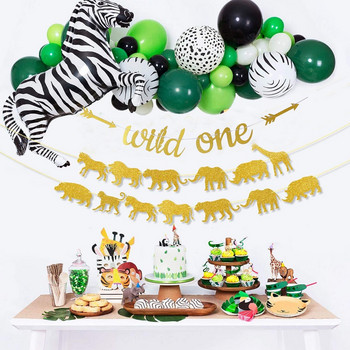 Gold Glittery Safari Jungle Wild One Baby 1st Birthday Banner Animal First Year Milestone Photo Banner Decorations Party
