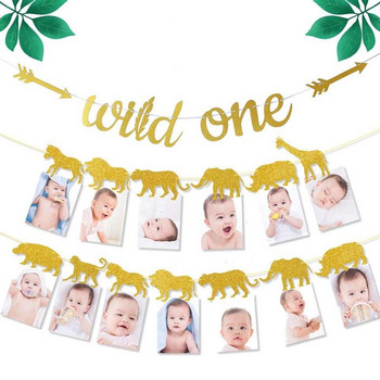 Gold Glittery Safari Jungle Wild One Baby 1st Birthday Banner Animal First Year Milestone Photo Banner Decorations Party