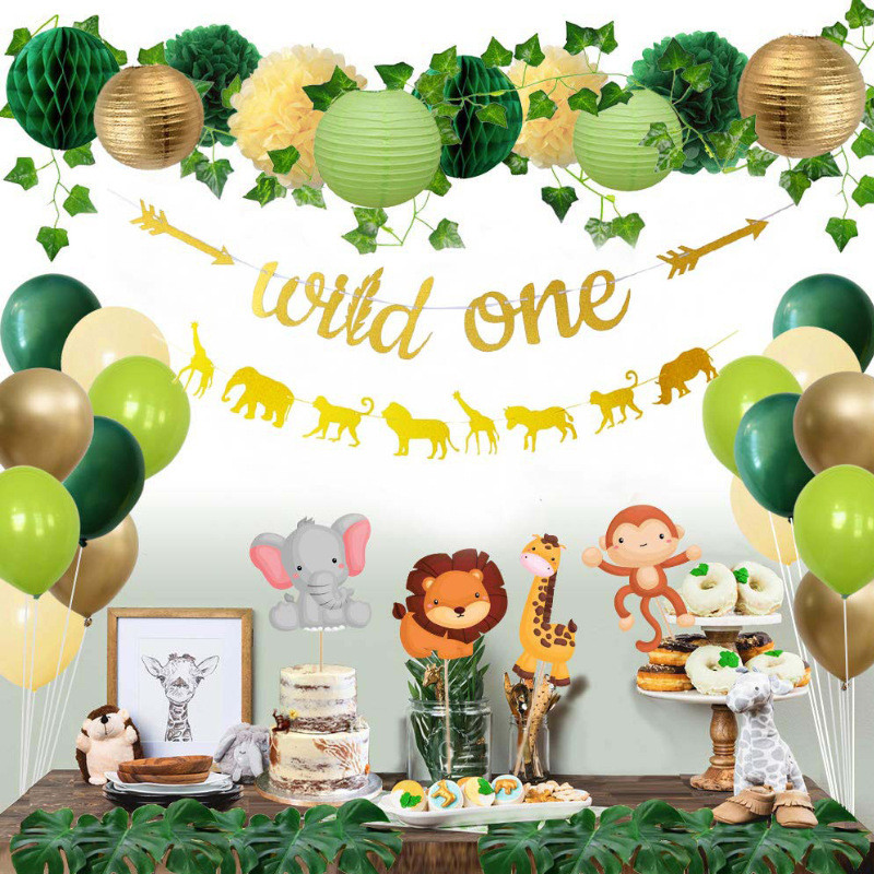 Златен блестящ Safari Jungle Wild One Бебе Банер за 1-ви рожден ден Животно Важен етап от първата година Снимка Банер Парти декорации Доставка