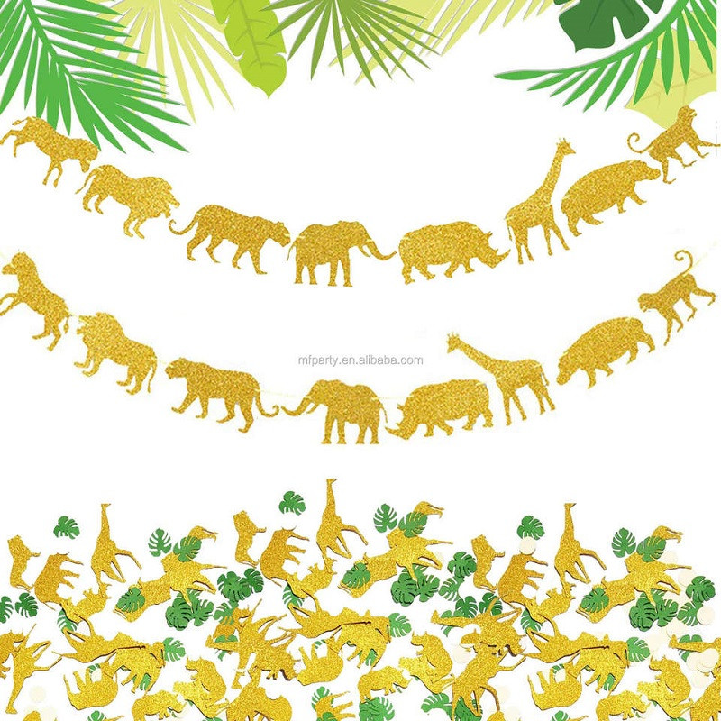 Златен блестящ Safari Jungle Wild One Бебе Банер за 1-ви рожден ден Животно Важен етап от първата година Снимка Банер Парти декорации Доставка