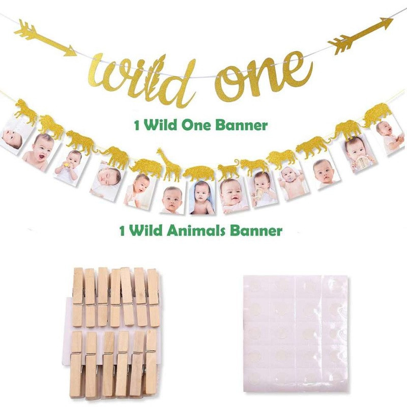 Златен блестящ Safari Jungle Wild One Бебе Банер за 1-ви рожден ден Животно Важен етап от първата година Снимка Банер Парти декорации Доставка