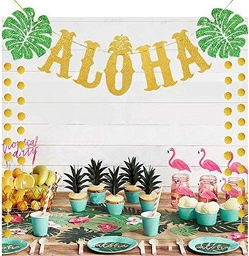 2021 Χαβάης Aloha Party Decorations Large Gold Glittery Aloha Banner For Luau Party Favors Supplies Τεχνητά φύλλα φοίνικα
