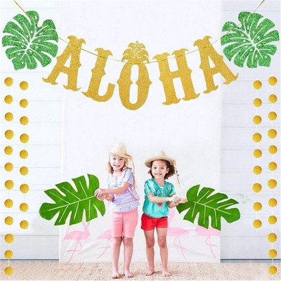 2021 Χαβάης Aloha Party Decorations Large Gold Glittery Aloha Banner For Luau Party Favors Supplies Τεχνητά φύλλα φοίνικα