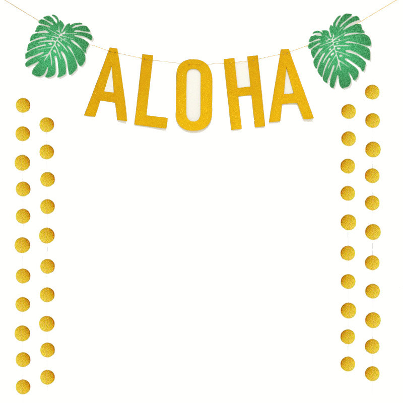 2021. gada Havaju salu ballīšu rotājumi Liels zelta mirdzošs Aloha reklāmkarogs Luau ballīšu priekšrocībām piederumi mākslīgās palmu lapas