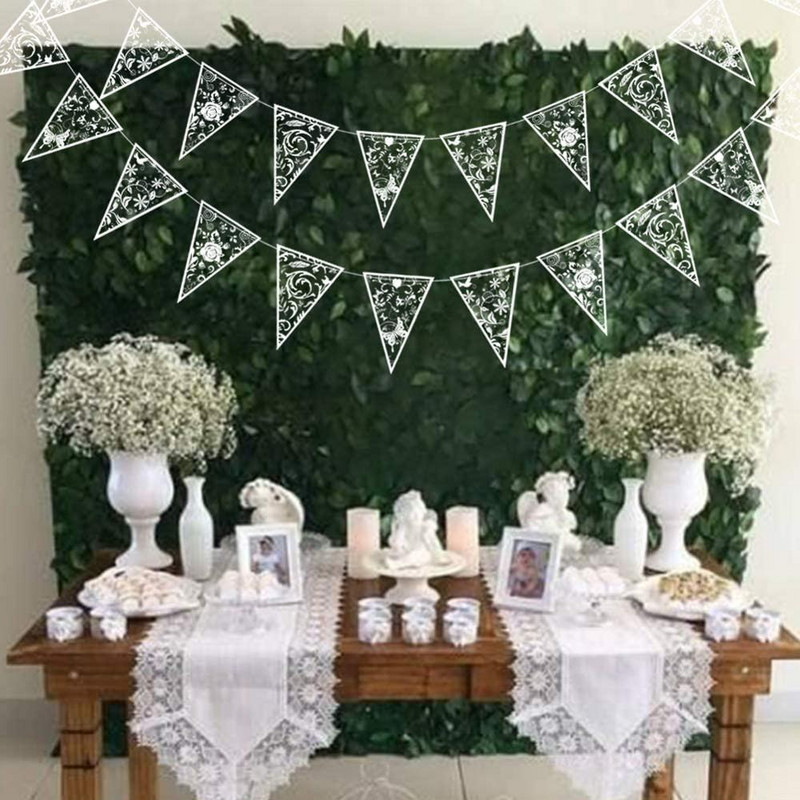 Прозрачни PVC бели сватбени дантелени цветни шарки Вимпел Банери Знамена Струнни знамена Декорация на партита за празнуване на събития за рожден ден