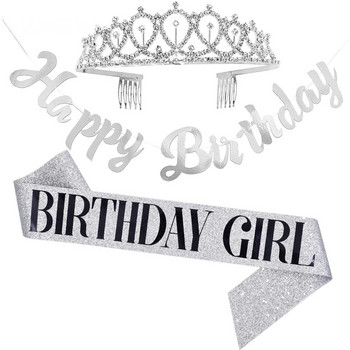 Birthday Girl Shoulder Strap Crown Banner 3τμχ Σετ Happy Birthday Party Decor Παιδικά κορίτσια Cheer Birthday Girl Μπομπονιέρες
