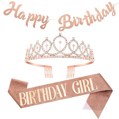 Рожден ден Момиче презрамка Корона Банер 3 бр. Комплект Честит рожден ден Парти Декор Детски момичета Cheer Birthday Girl сувенири