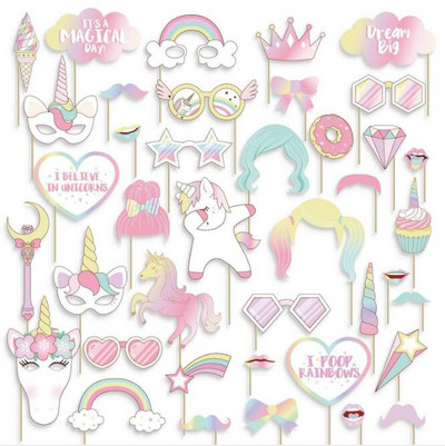 30 бр./компл. Unicorn Party Photo Booth Props Rainbow Unicornio One 1st First Birthday Party Decoration Party Favor Supplies