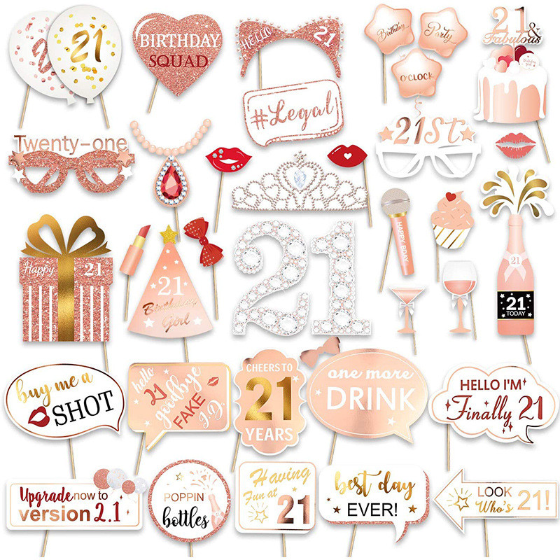 Recuzită pentru cabina foto de zi de naștere, aur roz, aur roz