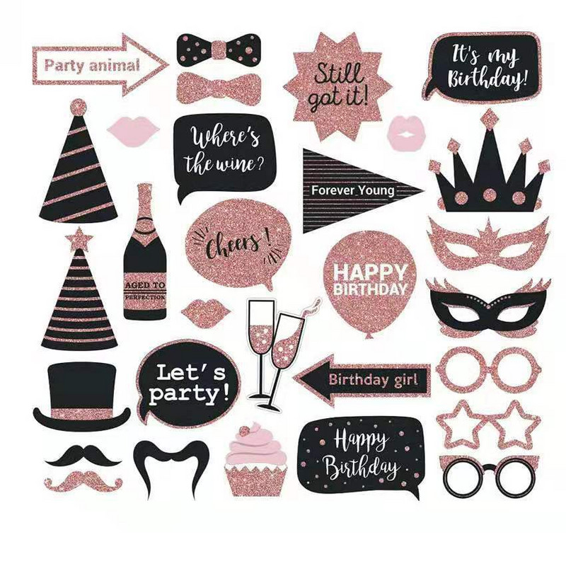 30 gab Crown New Year Photo Booth Rekvizīti 2023 Rozā zelta Brilles Cepure Jaungada ballītes foto rekvizīti Dekorācijas piederumi