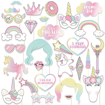 29 τμχ/σετ Unicorn Party Photo Booth Props Rainbow Unicornio One 1st First Birthday Party Decoration Party Favor Supplies C17