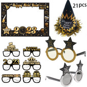 21db/tétel Boldog Új Évet 2023 Dekoráció Hello 2023 Eve Party Kézi fotó kellékek Fekete arany képkeret kalap szemüveg karácsonyi dekoráció