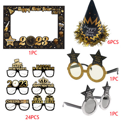 21db/tétel Boldog Új Évet 2023 Dekoráció Hello 2023 Eve Party Kézi fotó kellékek Fekete arany képkeret kalap szemüveg karácsonyi dekoráció