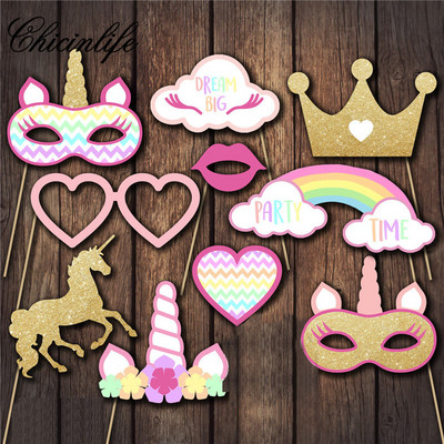 Chicinlife 1 Set Unicorn Party Photo Booth Props Rainbow Unicorn First Baby Shower Happy Birthday Party Decoration Party Supple