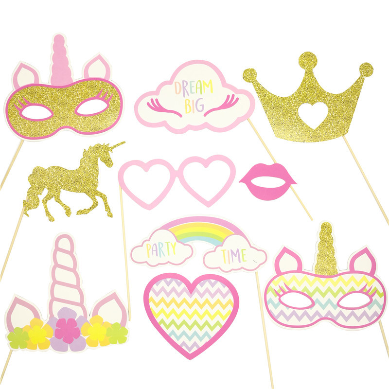 Chicinlife 1 Set Unicorn Party Photo Booth Props Rainbow Unicorn First Baby Shower Happy Birthday Party Decoration Party Supple