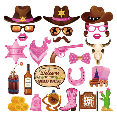 JOYMEMO 25PCS Western Cowgirl Theme Photo Booth Tools Dobrodošli na Divlji zapad DIY foto rekviziti Djevojački rođendanski pribor