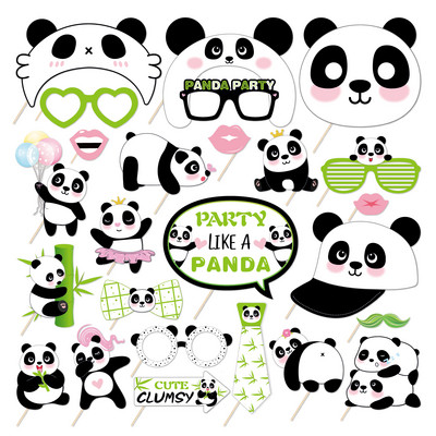 Cute China Panda Jungle Animals Happy Birthday Party Wild ONE Photo Booth Props Photobooth Props Baby Shower Party Decorations