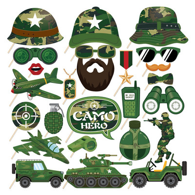 Camo Hero Palju õnne sünnipäevaks peokaunistus lastele DIY fotokabiini rekvisiidid Baby Shower kamuflaaživanker Fotokabiini rekvisiidid peoteenid