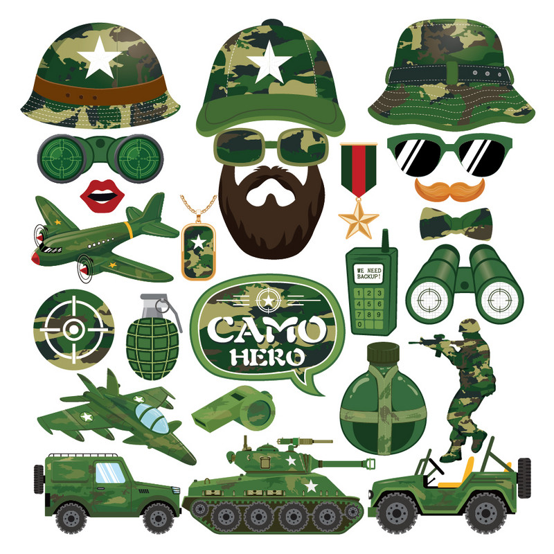 Camo Hero Palju õnne sünnipäevaks peokaunistus lastele DIY fotokabiini rekvisiidid Baby Shower kamuflaaživanker Fotokabiini rekvisiidid peoteenid