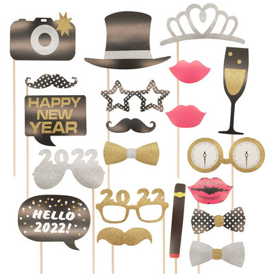 2022 Happy New Year Photo Booth Props Μουστάκι Καπέλο Χείλη Γυαλιά Cheers New Year Party PhotoBooth Props Χριστουγεννιάτικη διακόσμηση