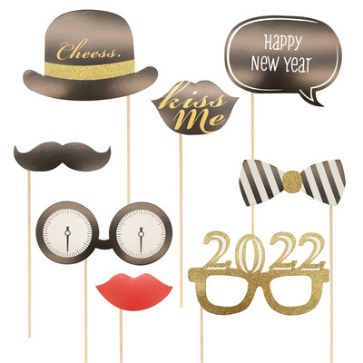 2022 Happy New Year Photo Booth Props Μουστάκι Καπέλο Χείλη Γυαλιά Cheers New Year Party PhotoBooth Props Χριστουγεννιάτικη διακόσμηση