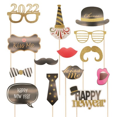 2022 Happy New Year Photo Booth Props Μουστάκι Καπέλο Χείλη Γυαλιά Cheers New Year Party PhotoBooth Props Χριστουγεννιάτικη διακόσμηση