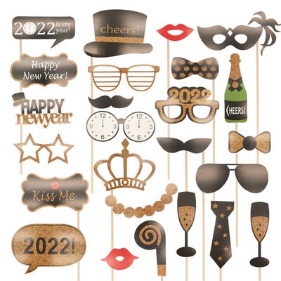 2022 Happy New Year Photo Booth Props Μουστάκι Καπέλο Χείλη Γυαλιά Cheers New Year Party PhotoBooth Props Χριστουγεννιάτικη διακόσμηση