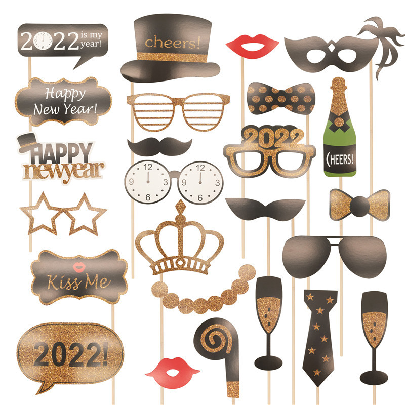 2022 Happy New Year Photo Booth Props Μουστάκι Καπέλο Χείλη Γυαλιά Cheers New Year Party PhotoBooth Props Χριστουγεννιάτικη διακόσμηση