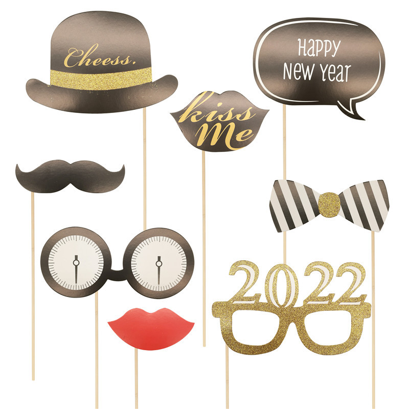 2022 Happy New Year Photo Booth Props Μουστάκι Καπέλο Χείλη Γυαλιά Cheers New Year Party PhotoBooth Props Χριστουγεννιάτικη διακόσμηση