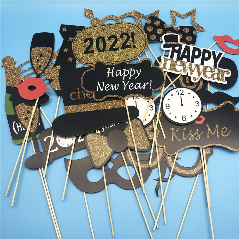 2022 Happy New Year Photo Booth Props Μουστάκι Καπέλο Χείλη Γυαλιά Cheers New Year Party PhotoBooth Props Χριστουγεννιάτικη διακόσμηση