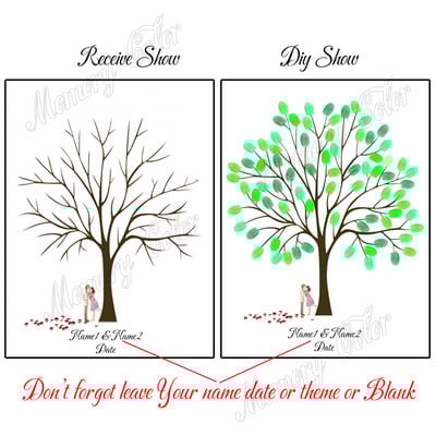 Suasmenintas vardas Data Pirštų atspaudas „Pasidaryk pats“ Vestuvių medžio lapų piešinys, skirtas vestuvių ar vestuvių metinių suvenyrui (pridedama rašalo pagalvėlė)