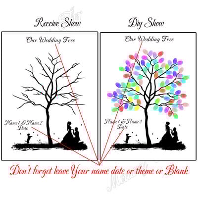 Suasmenintas vardas Data Pirštų atspaudas „Pasidaryk pats“ Vestuvių medžio lapų piešinys, skirtas vestuvių ar vestuvių metinių suvenyrui (pridedama rašalo pagalvėlė)