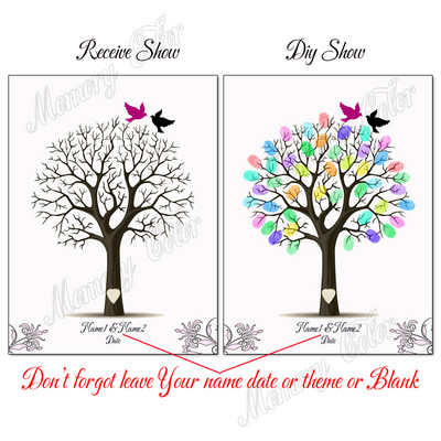 Suasmenintas vardas Data Pirštų atspaudas „Pasidaryk pats“ Vestuvių medžio lapų piešinys, skirtas vestuvių ar vestuvių metinių suvenyrui (pridedama rašalo pagalvėlė)