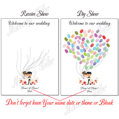 Suasmenintas vardas Data Pirštų atspaudas „Pasidaryk pats“ Vestuvių medžio lapų piešinys, skirtas vestuvių ar vestuvių metinių suvenyrui (pridedama rašalo pagalvėlė)