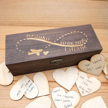 Персонализирана сватбена книга за гости Гравирана дървена падаща кутия Сърца Рустикална сватбена кутия за спомен Алтернативна сватбена кутия за пожелания