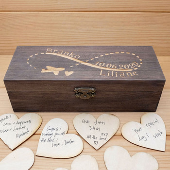 Персонализирана сватбена книга за гости Гравирана дървена падаща кутия Сърца Рустикална сватбена кутия за спомен Алтернативна сватбена кутия за пожелания