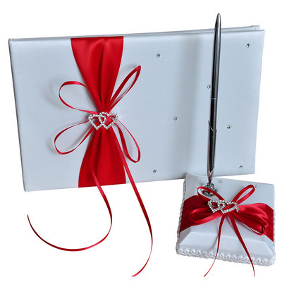 2 bucăți/set nuntă satin carte de semnătură set de stilouri cu stras bowknot perle decor aprovizionare produse pentru petrecerea de nuntă