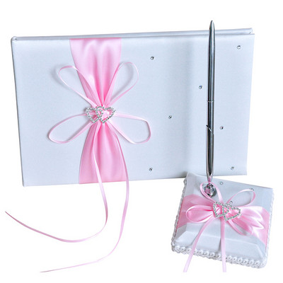 2 bucăți/set nuntă satin carte de semnătură set de stilouri cu stras bowknot perle decor aprovizionare produse pentru petrecerea de nuntă